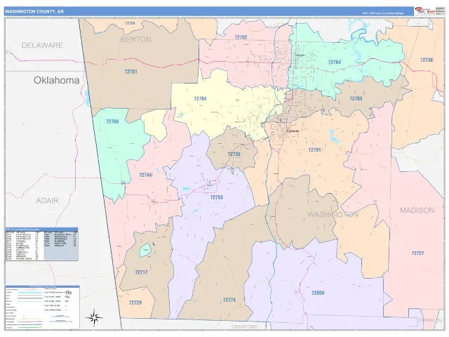 Washington County, AR ZIP Code Wall Map, ColorCast style