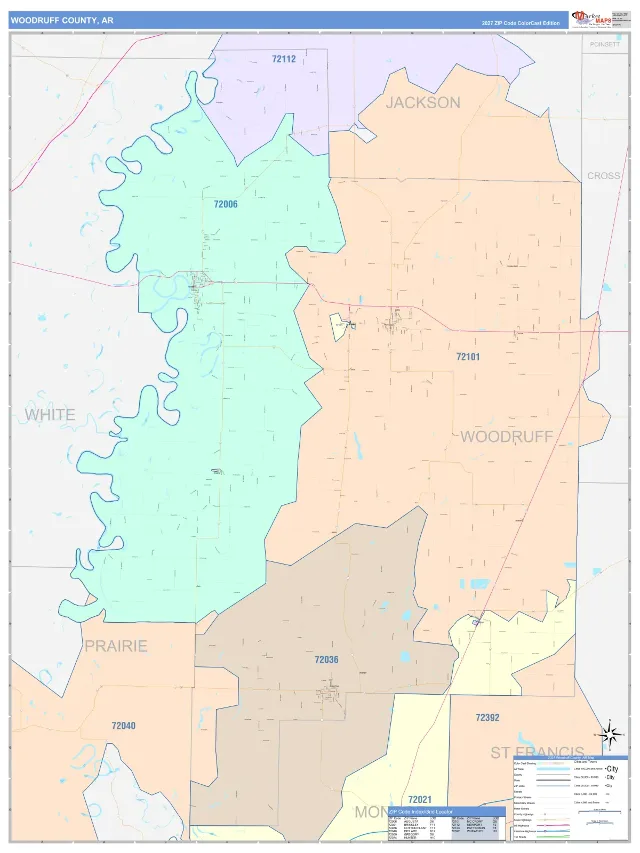 Woodruff County, AR ZIP Code Wall Map, ColorCast style