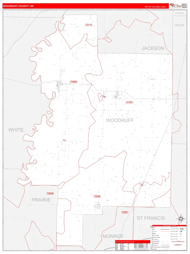 Woodruff County, AR ZIP Code Wall Map, RedLine style