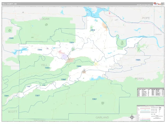 Yell County, AR ZIP Code Wall Map, Classic style