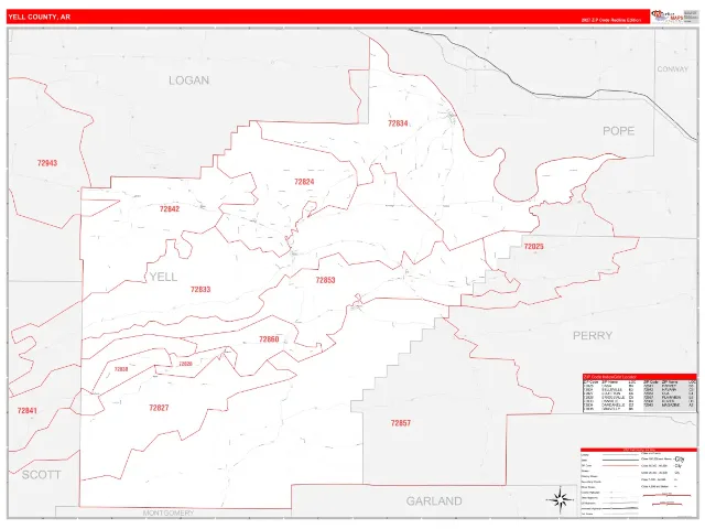 Yell County, AR ZIP Code Wall Map, RedLine style