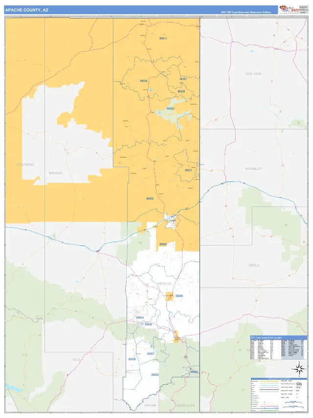 Apache County, AZ ZIP Code Wall Map, Business Reference style