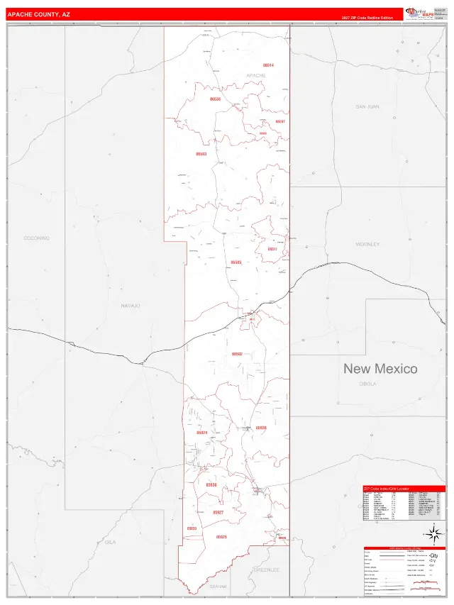 Apache County, AZ ZIP Code Wall Map, RedLine style