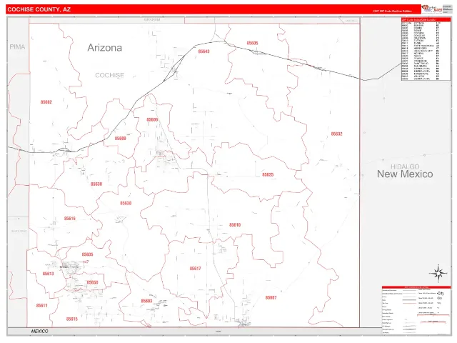 Cochise County, AZ ZIP Code Wall Map, RedLine style