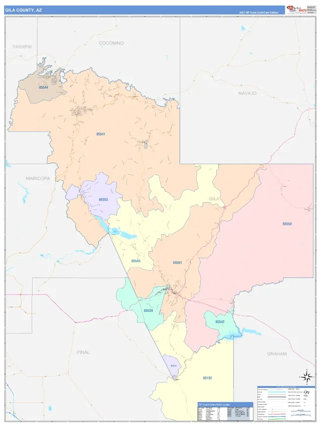 Gila County, AZ ZIP Code Wall Map, ColorCast style