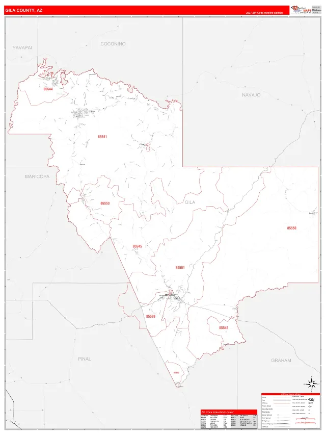 Gila County, AZ ZIP Code Wall Map, RedLine style