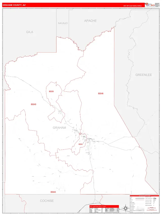 Graham County, AZ ZIP Code Wall Map, RedLine style