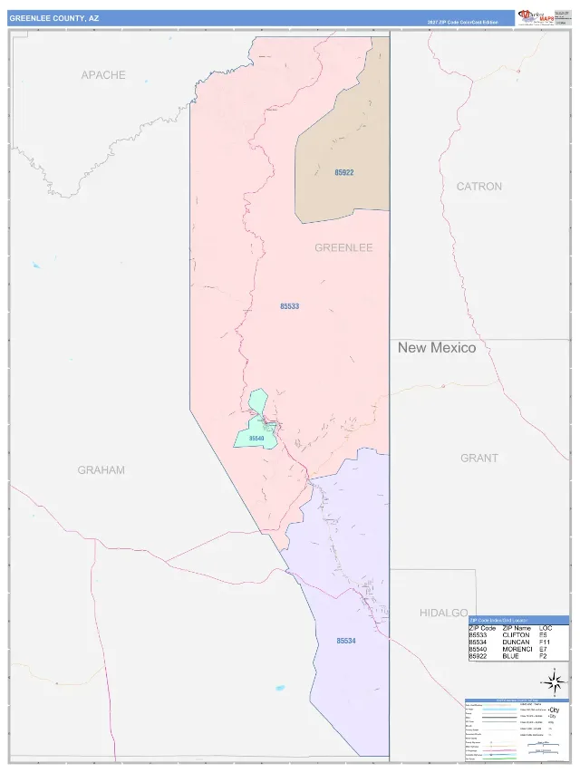 Greenlee County, AZ ZIP Code Wall Map, ColorCast style