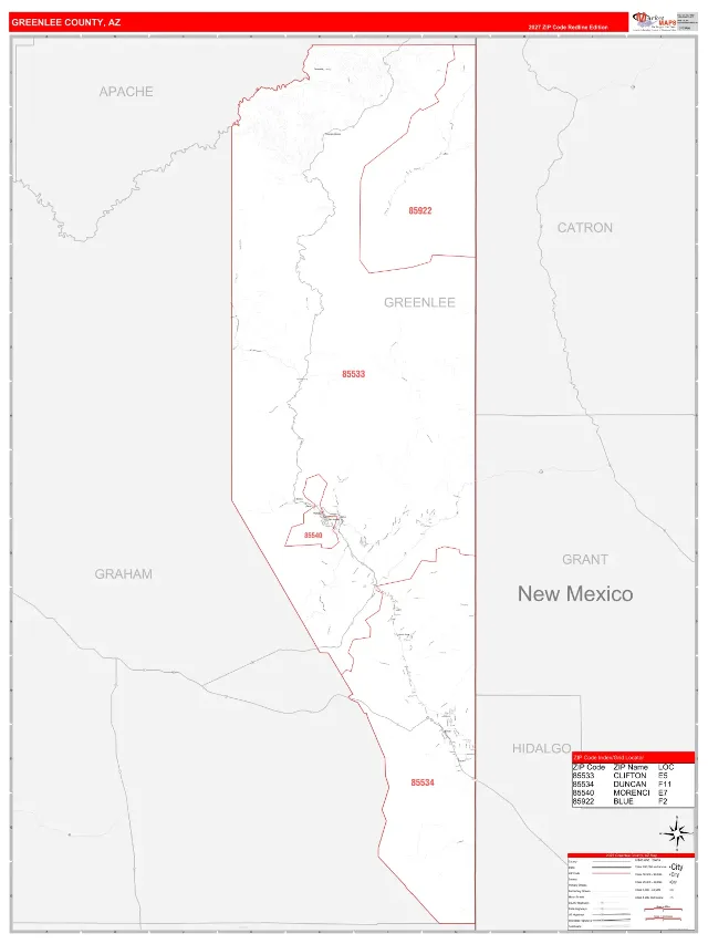 Greenlee County, AZ ZIP Code Wall Map, RedLine style