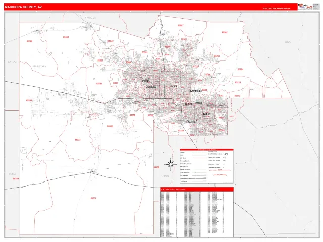 Maricopa County, AZ ZIP Code Wall Map, RedLine style