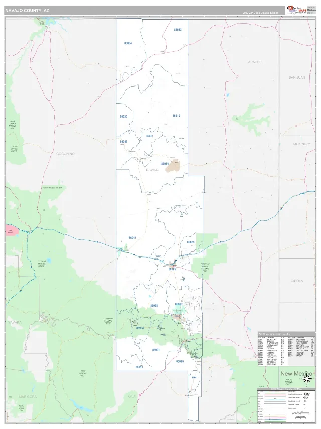 Navajo County, AZ ZIP Code Wall Map, Classic style