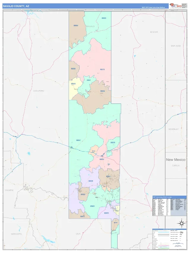 Navajo County, AZ ZIP Code Wall Map, ColorCast style