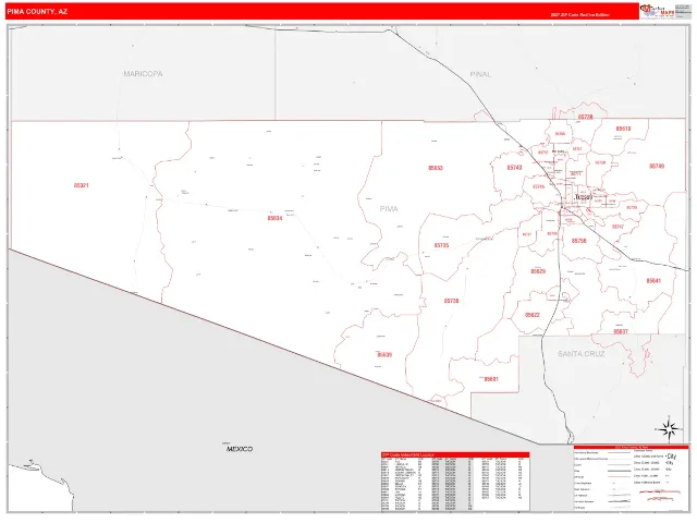 Pima County, AZ ZIP Code Wall Map, RedLine style