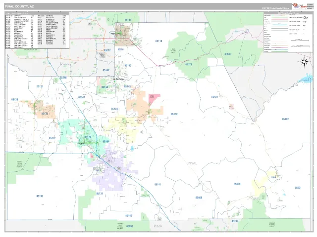 Pinal County, AZ ZIP Code Wall Map, Classic style