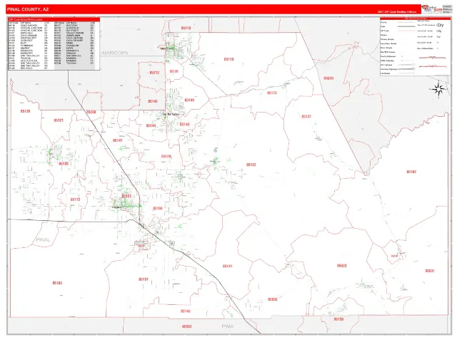 Pinal County, AZ ZIP Code Wall Map, RedLine style