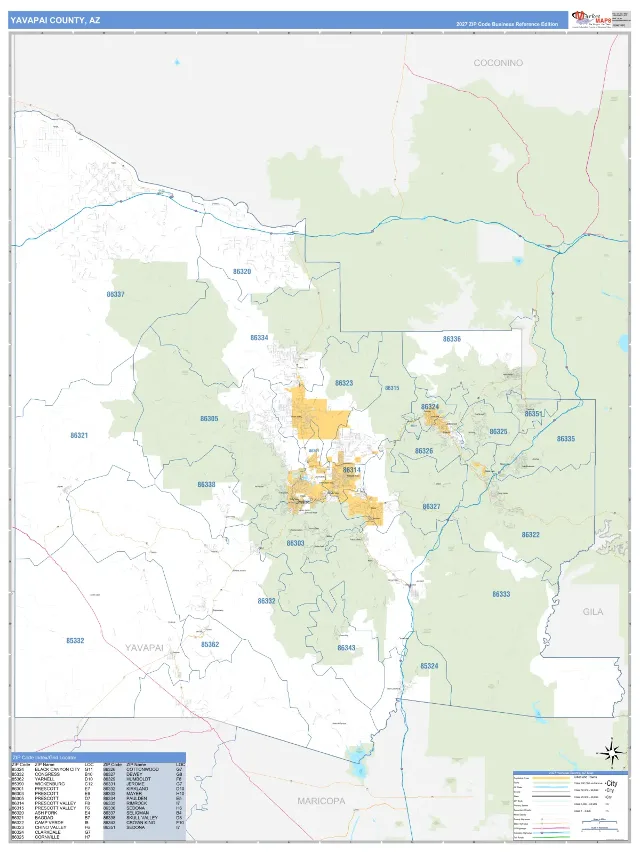 Yavapai County, AZ ZIP Code Wall Map, Business Reference style