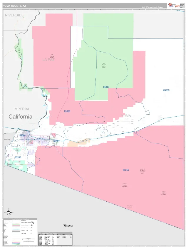 Yuma County, AZ ZIP Code Wall Map, Classic style