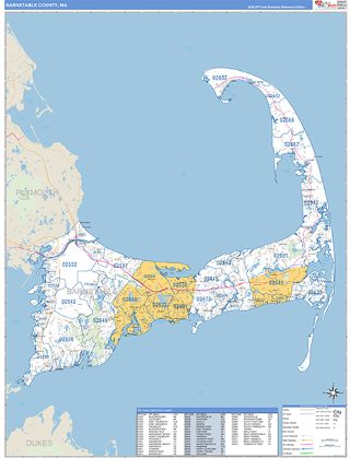 Barnstable County, MA ZIP Code wall map in the Business Reference Style