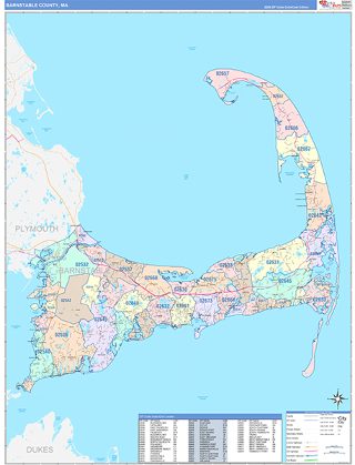 Barnstable County, MA ZIP Code wall map in the ColorCast Style