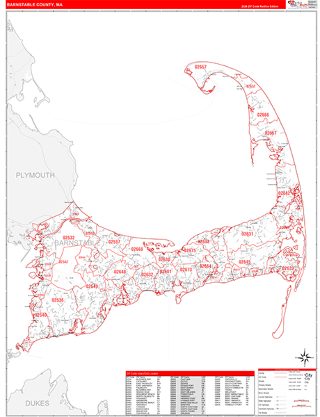 Barnstable County, MA ZIP Code wall map in the RedLine Style