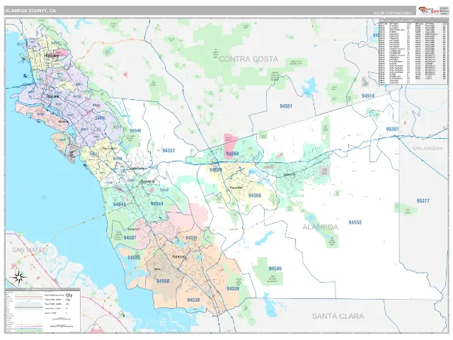Alameda County, CA ZIP Code Wall Map, Classic style