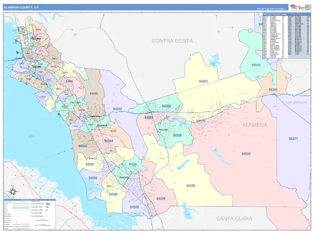 Alameda County, CA ZIP Code Wall Map, ColorCast style