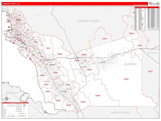 Alameda County, CA ZIP Code Wall Map, RedLine style