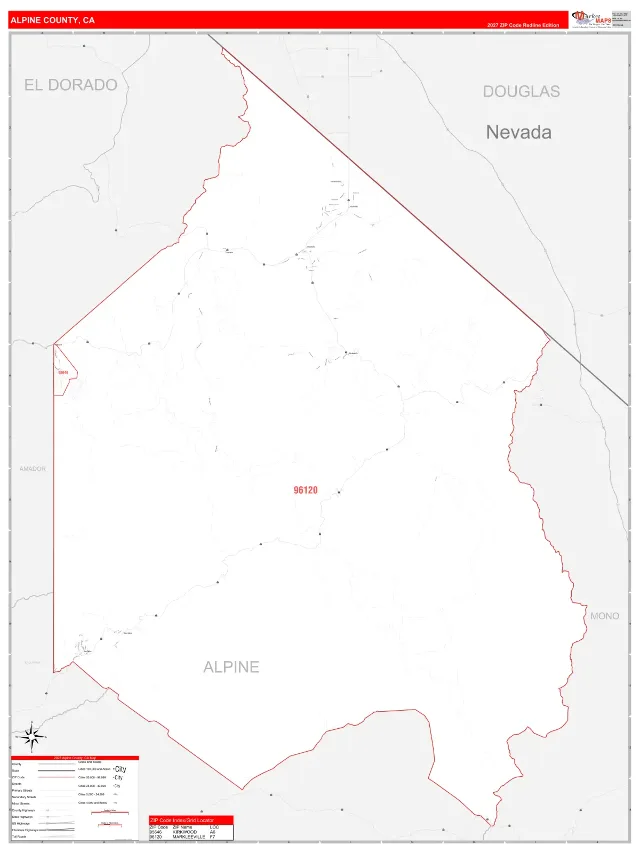 Alpine County, CA ZIP Code Wall Map, RedLine style