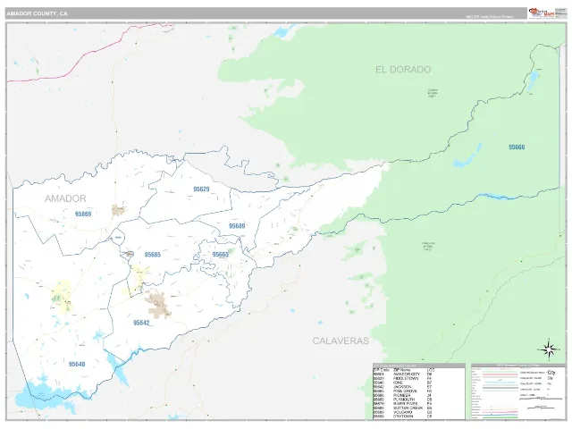 Amador County, CA ZIP Code Wall Map, Classic style