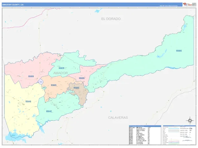 Amador County, CA ZIP Code Wall Map, ColorCast style