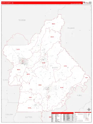 Butte County, CA RedLine style ZIP Code wall map