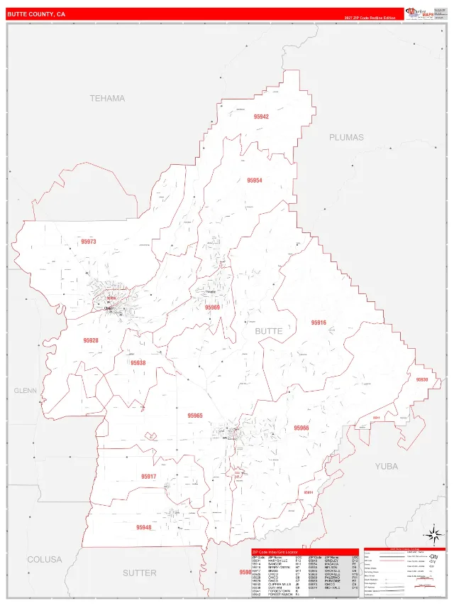Butte County, CA ZIP Code Wall Map, RedLine style
