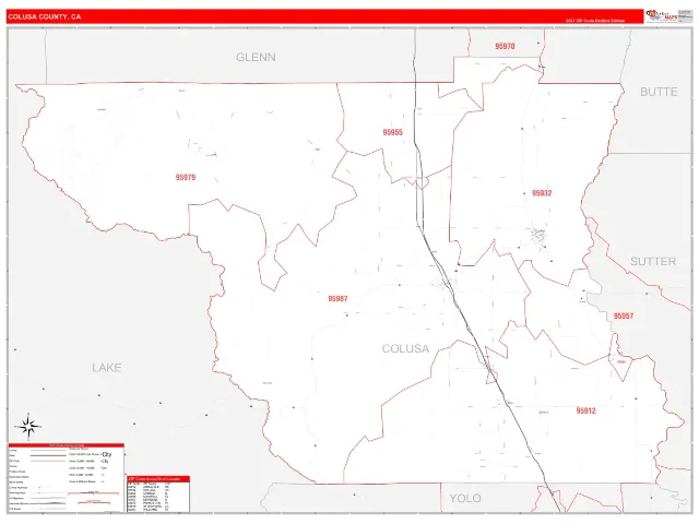 Colusa County, CA ZIP Code Wall Map, RedLine style