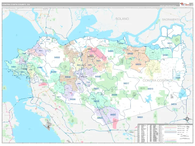 Contra Costa County, CA ZIP Code Wall Map, Classic style
