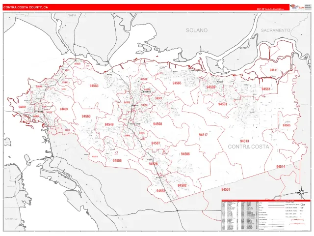 Contra Costa County, CA ZIP Code Wall Map, RedLine style