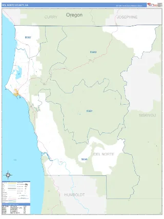 Del Norte County, CA Business Reference style ZIP Code wall map