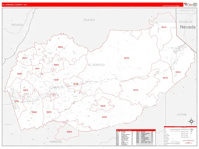 El Dorado County, CA ZIP Code Wall Map, RedLine style