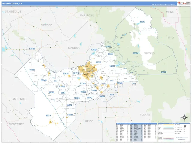 Fresno County, CA ZIP Code Wall Map, Business Reference style