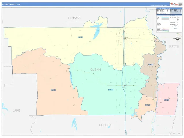 Glenn County, CA ZIP Code Wall Map, ColorCast style