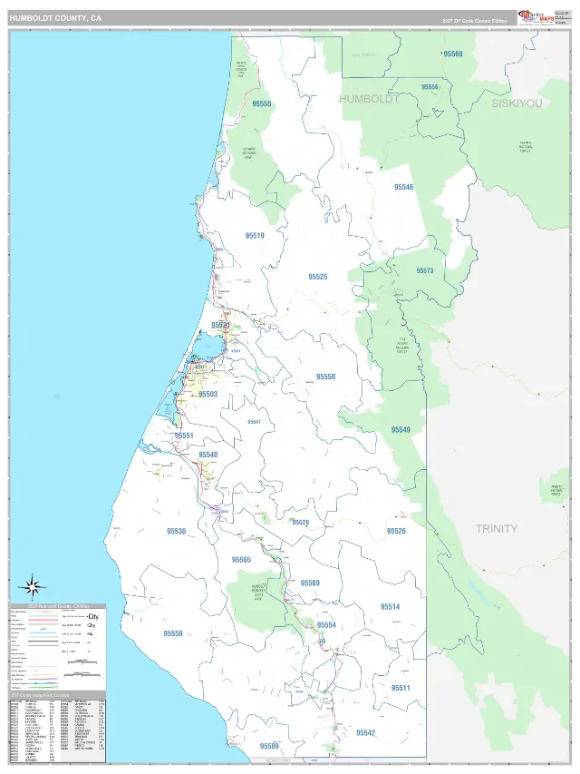 Humboldt County, CA ZIP Code Wall Map, Classic style