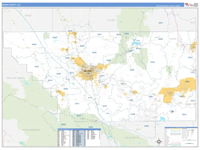 Kern County, CA ZIP Code Wall Map, Business Reference style