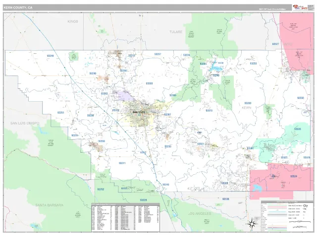 Kern County, CA ZIP Code Wall Map, Classic style