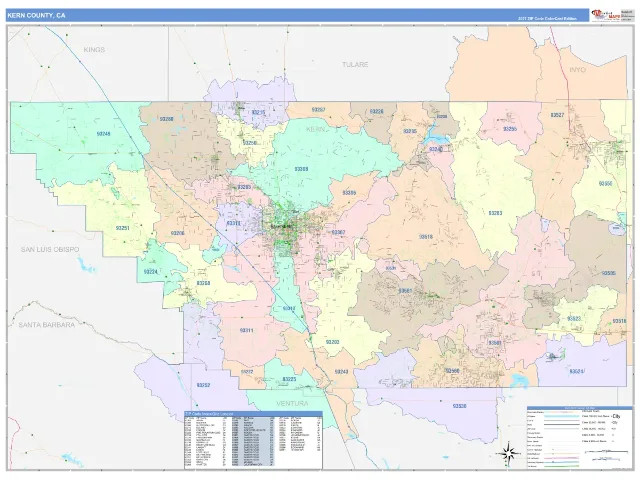 Kern County, CA ZIP Code Wall Map, ColorCast style