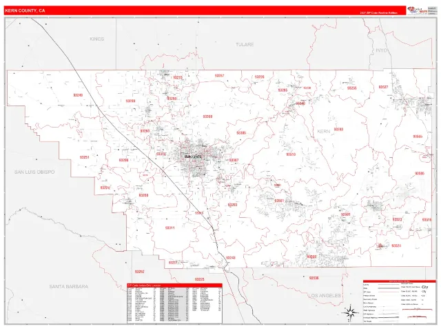 Kern County, CA ZIP Code Wall Map, RedLine style