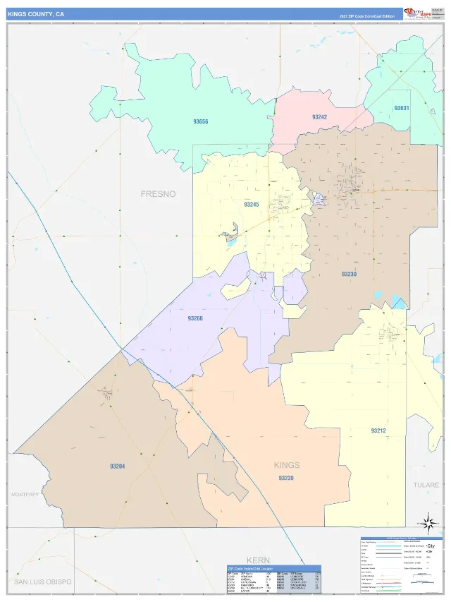 Kings County, CA ZIP Code Wall Map, ColorCast style