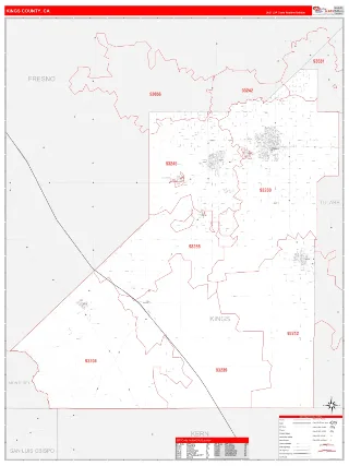Kings County, CA RedLine style ZIP Code wall map