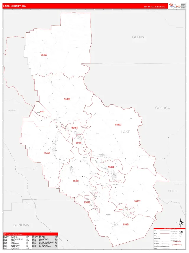 Lake County, CA ZIP Code Wall Map, RedLine style