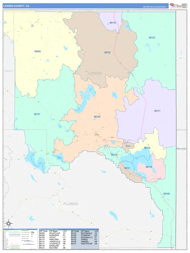 Lassen County, CA ZIP Code Wall Map, ColorCast style