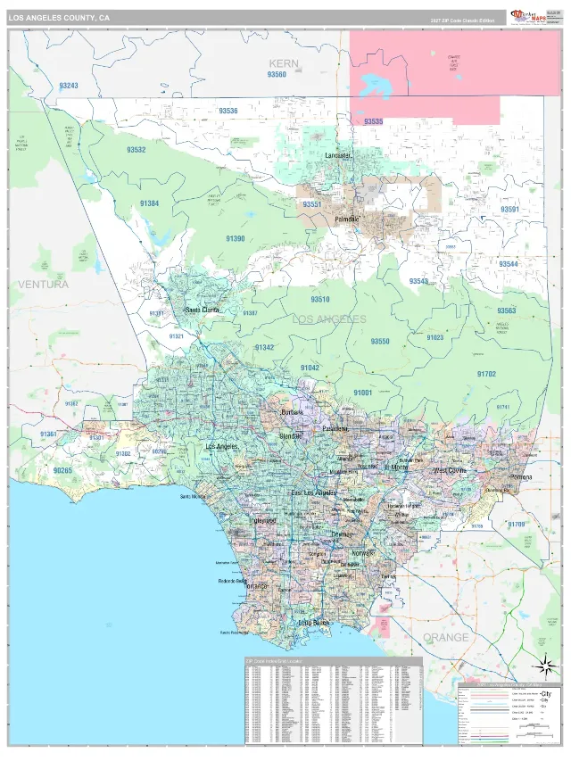 Los Angeles County, CA ZIP Code Wall Map, Classic style