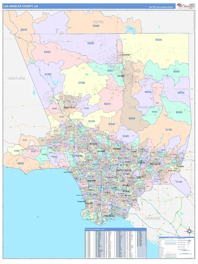 Los Angeles County, CA ZIP Code Wall Map, ColorCast style